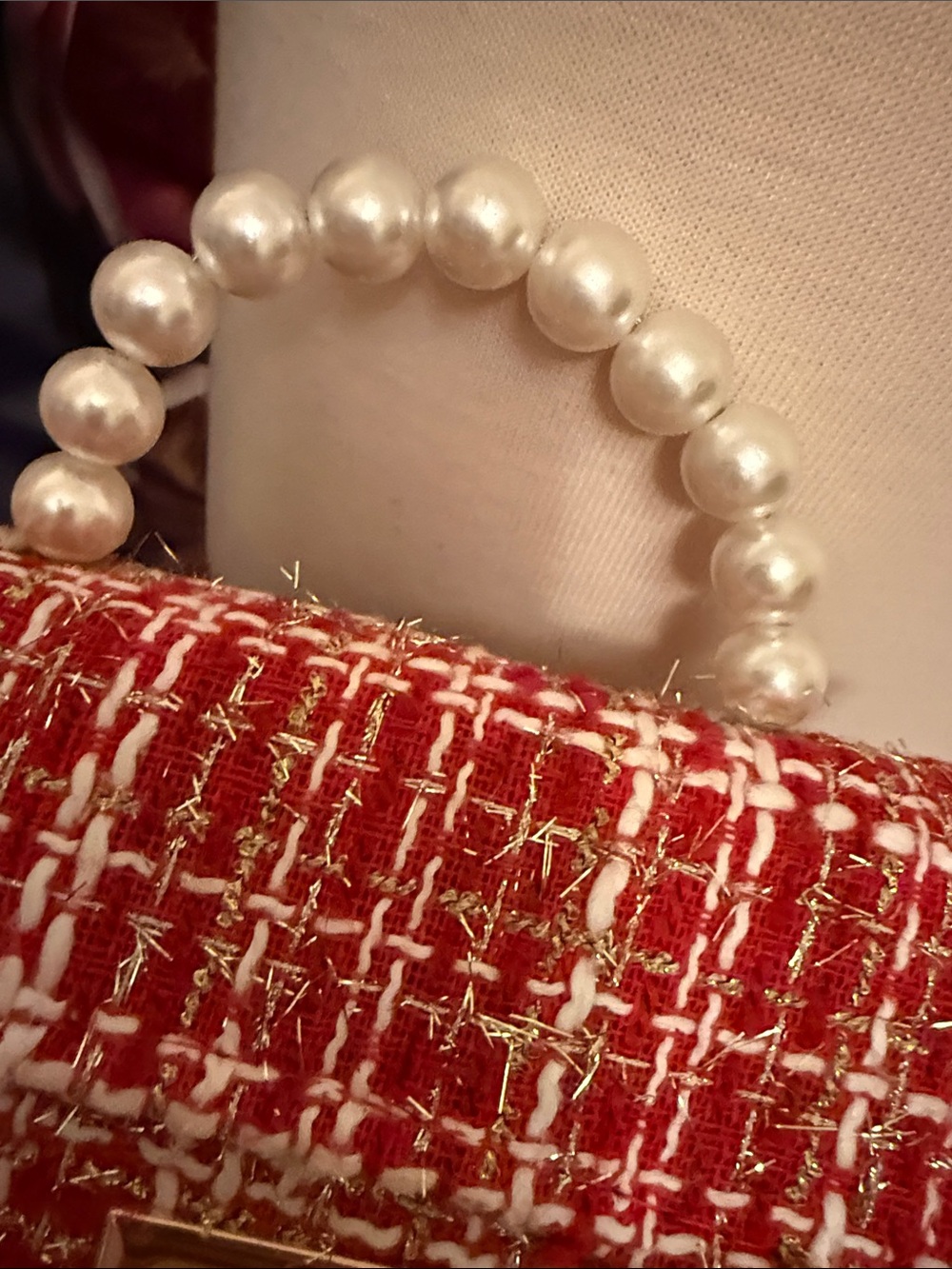 Tweed Mini Bag Red White Pearl Top Handle Gold Crossbody Chain - Picture 3 of 4